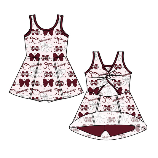 Custom moq 5 mix sizes summer teams baby girls clothes team baseball bow brick red sleeveless skirt shorts dress-25.6.14