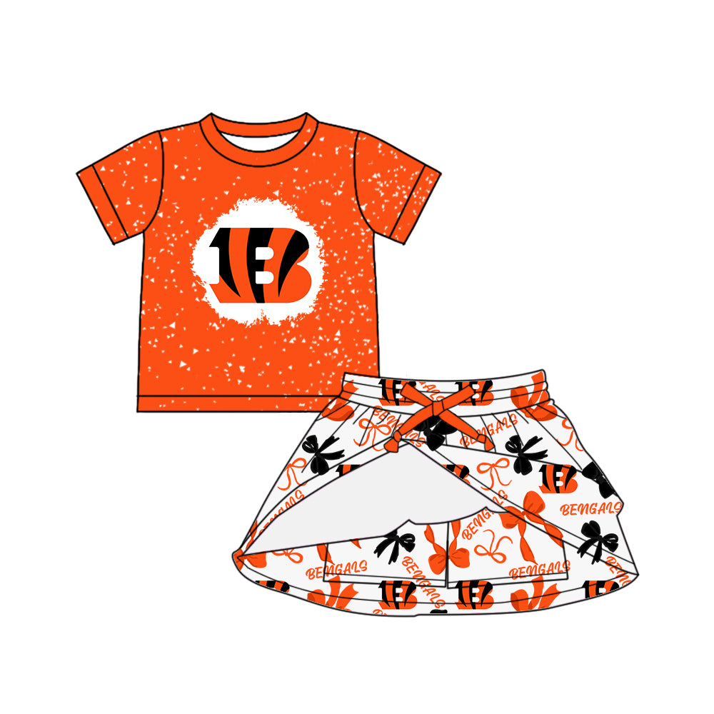 Custom moq 5 mix sizes summer teams baby girls clothes team orange short sleeve skirts shorts sets 1 and skirts sets 2 and dress 1 and dress 2 and dress 3 and dress 4-25.6.11