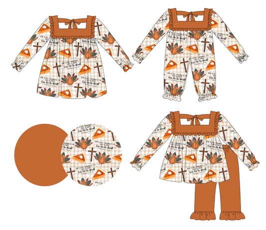 25.6.2 custom each style moq 5eta 4-6week Sibling Sisters turkey cake baby girl long sleeve pants sets and dress and rompers match family design