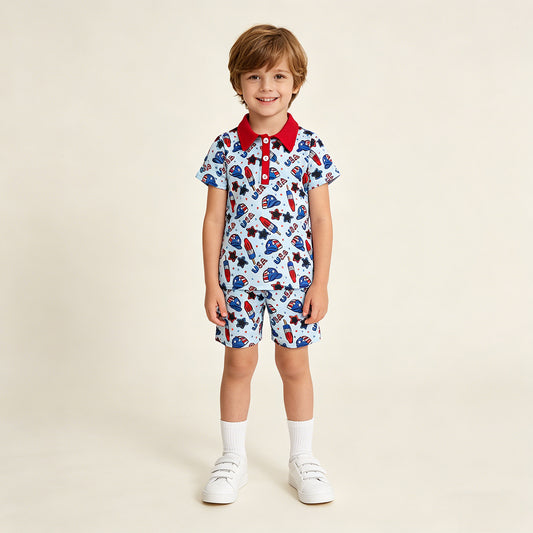 RTS NO MOQ BT1767 milk silk Baby Boys Cute USA Popsicle Short Sleeve Button Polo Shirt