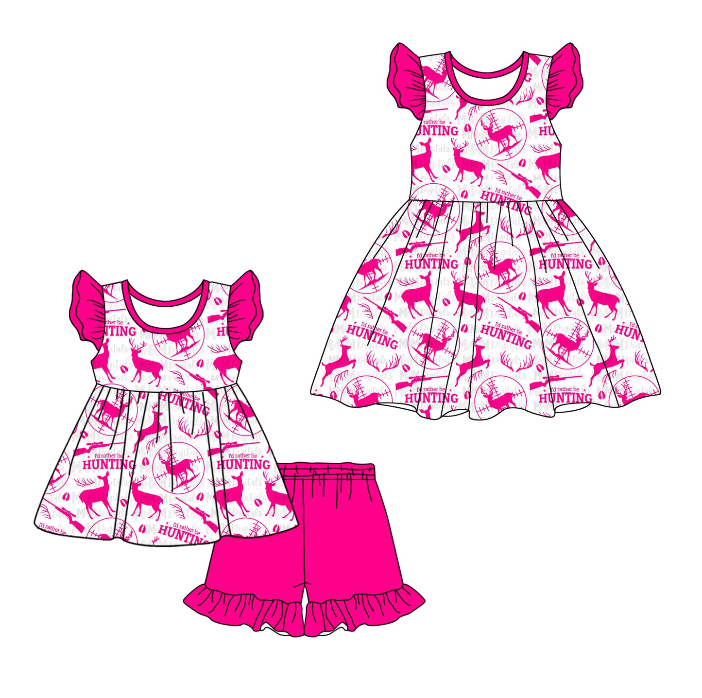 12.21 custom each style moq 5eta 4-6week Sibling Sister HUNTING baby girl short sleeve shorts sets and dresses match design