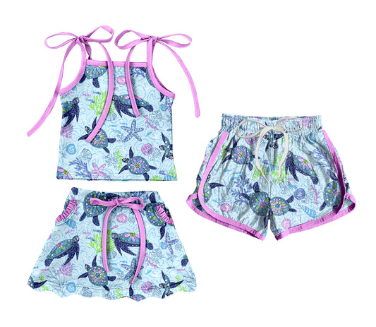 3.20 Custom moq 5 mix size Sibling Baby Girl's Strap Top And Skirt Set with Matching Drawstring Shorts Outfit
