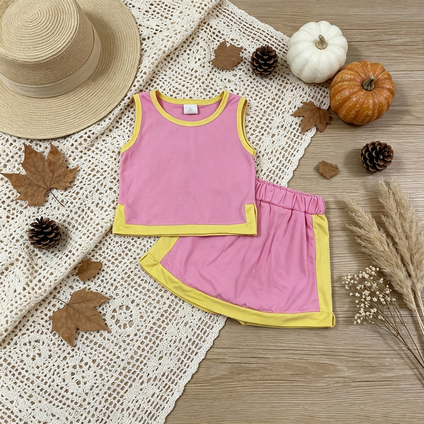 RTS No moq cotton GSD4187 Baby Girls Pink Yellow Sleeveless Vest Top Skirt Short Clothes Sets