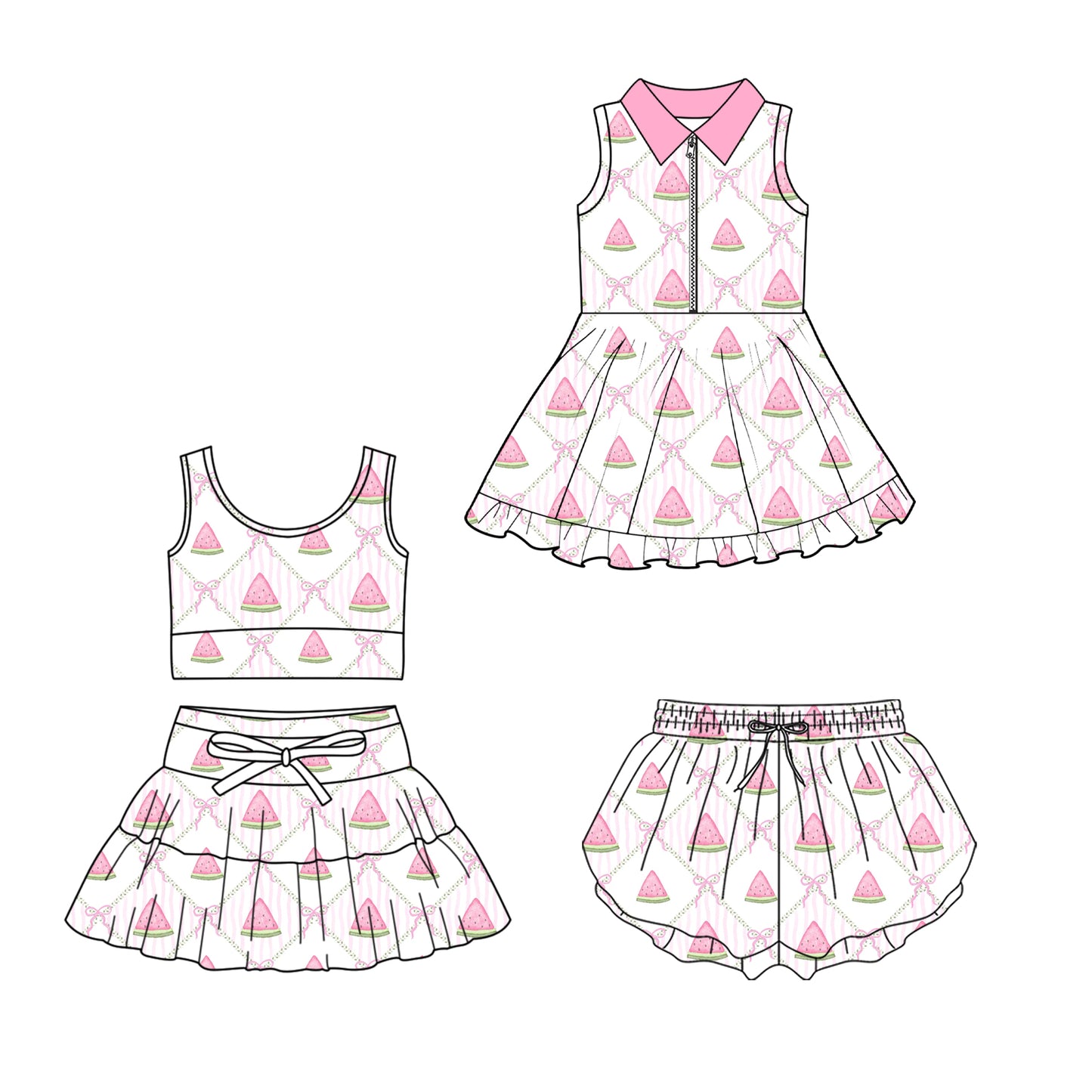 Custom moq 5 mix size Sibling Pink Print Sleeveless Zip-Up Dress Baby Girls' Yoga Outfit with Skirt And Shorts