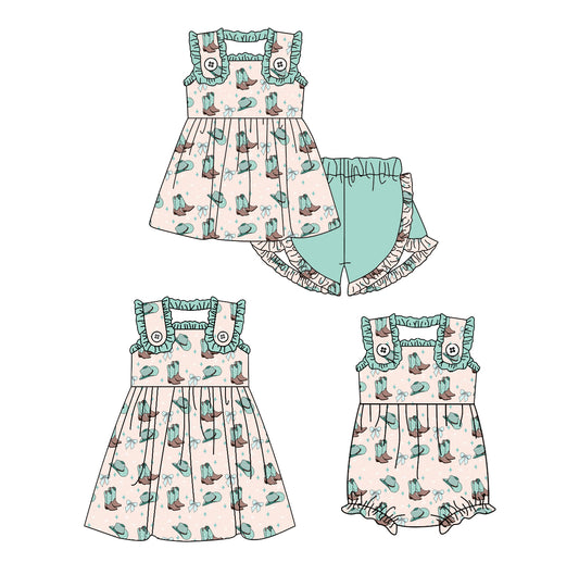 3.27 custom each style moq 5eta 4-6week Sibling Sisters boot hat bow baby girl short sleeve shorts sets and dress and rompers match family design