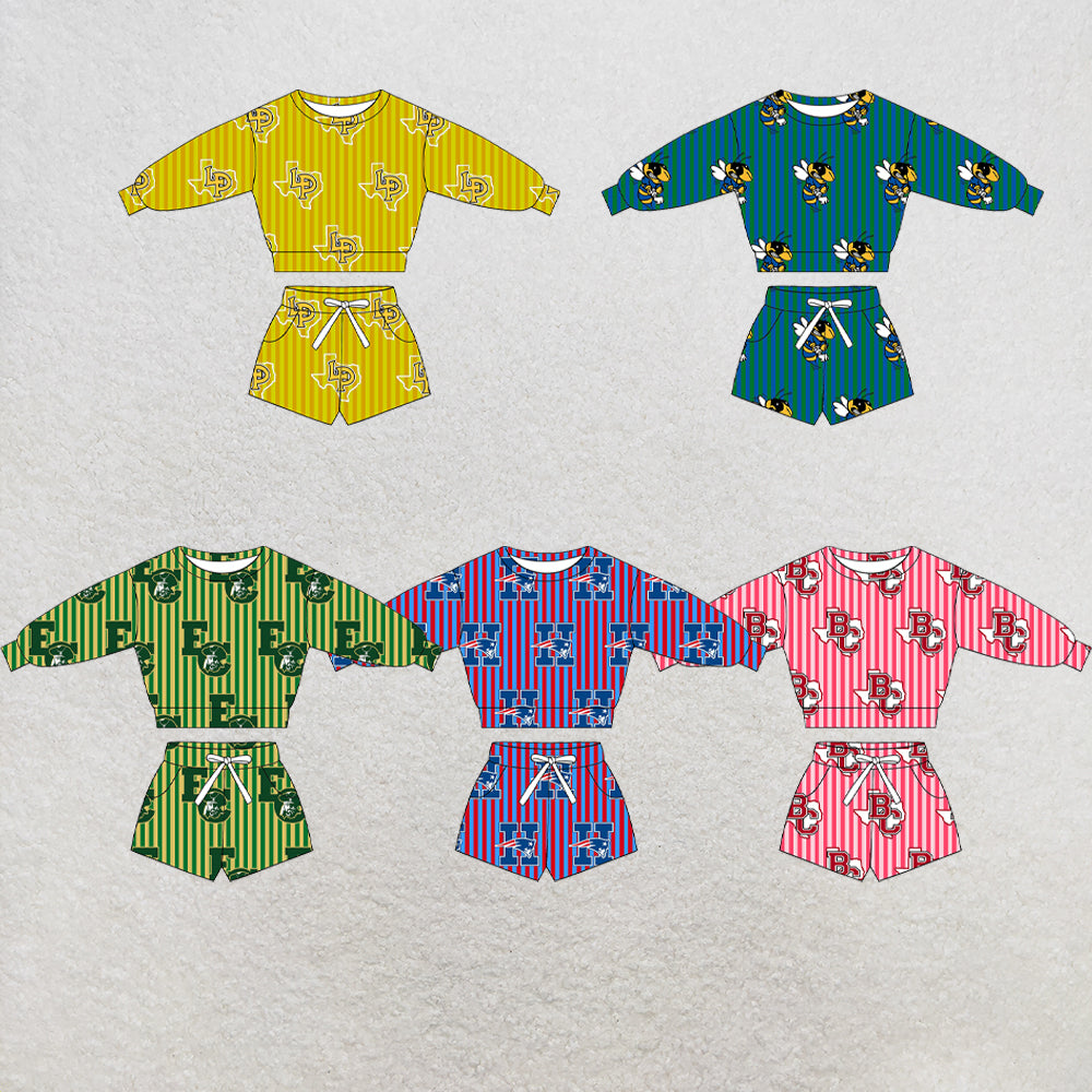 custom moq 5 mix size  XY072208 Baby Kids Stripe Long Sleeve Top Drawstring Shorts Team Casual Clothes Set