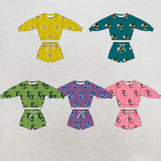 custom moq 5 mix size  XY072208 Baby Kids Stripe Long Sleeve Top Drawstring Shorts Team Casual Clothes Set