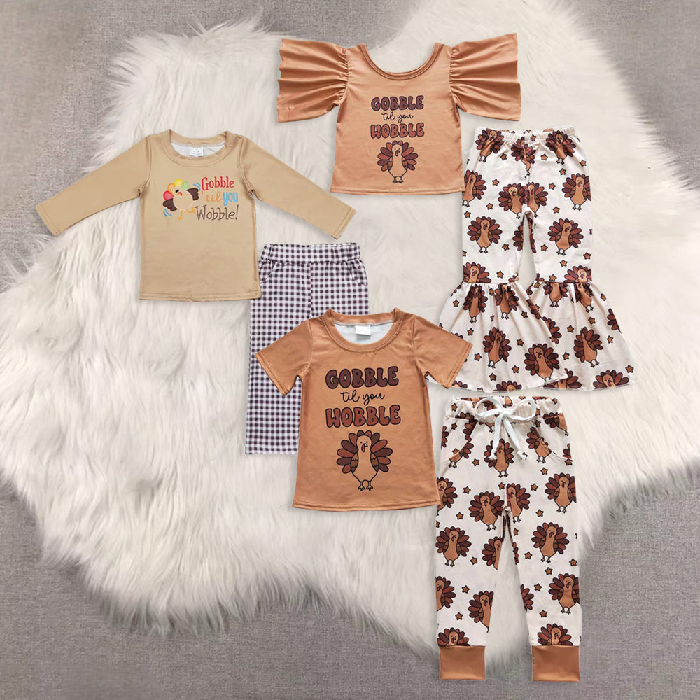 RTS NO MOQ Sibling baby girl boy clothes thanksgiving turkey Print Button Pullover Boys & Girls Long Suits