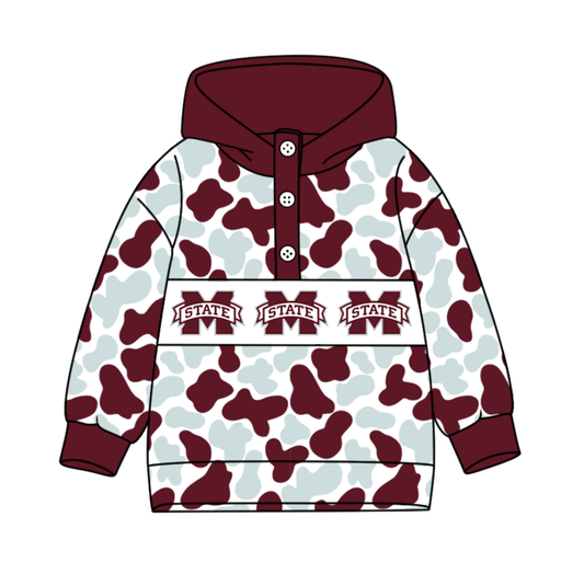 1-Custom moq 8 mix size milk silk summer team baby boy clothes camouflage brick red and gray hooded long sleeve top-25.10.9