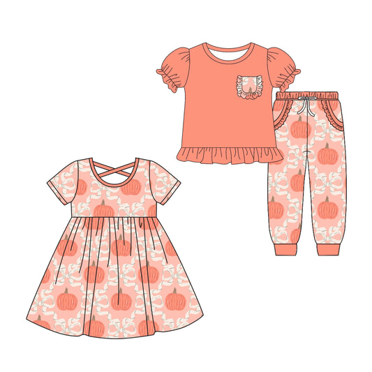 4.26 custom each style moq 5eta 4-6week Sibling Sister pumpkin bow baby girl pants sets and dress match family design
