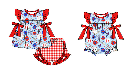 3.25 custom each style moq 5eta 4-6week Sibling Sister baseball baby girl short sleeve shorts sets and romper match design