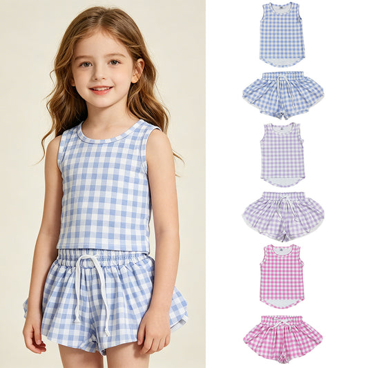 RTS NO MOQ Sibling Baby Girls Checked Vests Top with Butterfly Print Short Yoga Active Clothes Set for Kids