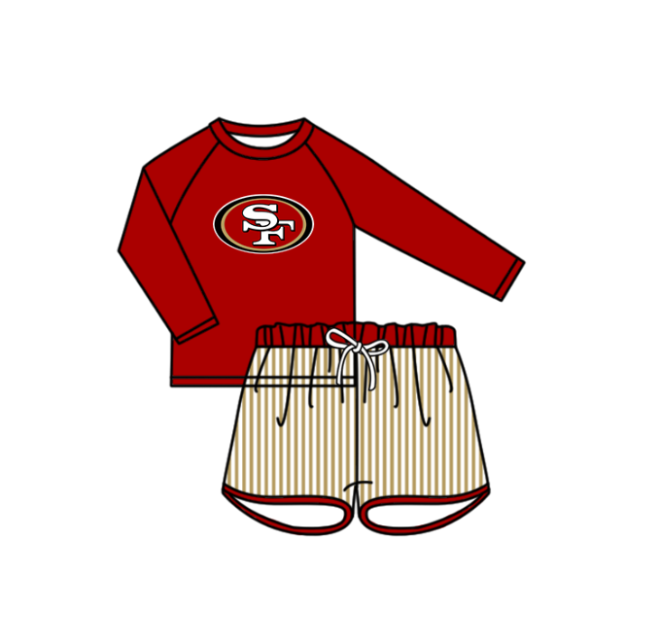 Custom moq 5 mix size milk silk summer teams baby girl boys clothes Red Two-Piece Swimsuit Set One Piece Swimsuits boy swim trunks