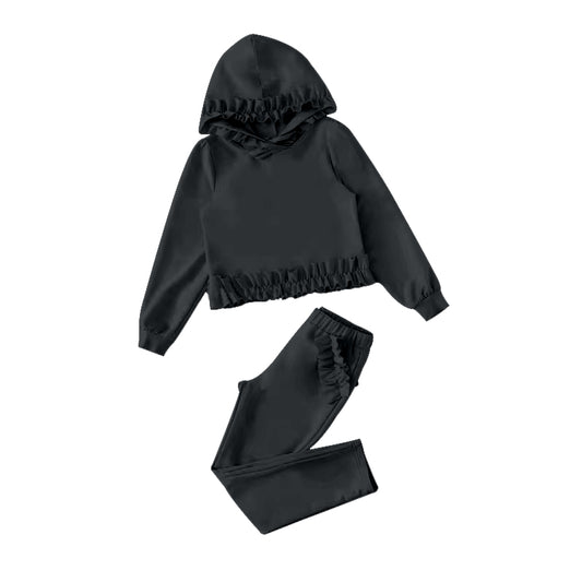 7.11 custom each style moq 5eta 4-6week cotton clothes black hooded long sleeve pants baby girls sets