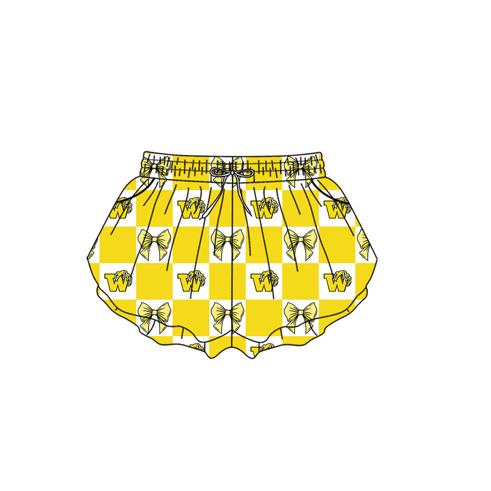 Custom moq 5 mix size milk silk summer teams Checked Bows Yellow Baby Girl Sleeveless Top Skirt Short Set Dress And Shorts Yoga Outfit Boy's Top Shorts Set Romper