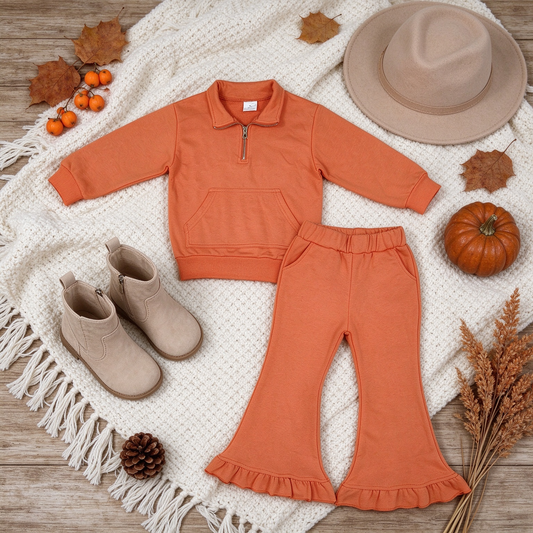 NEW RTS NO MOQ fleece GLP3490 Sweatshirt Material Kids Girls Khaki Zip Pockets Top Flare Ruffle Pant Clothes Set Casual Outfit