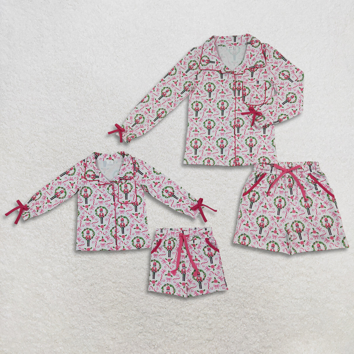 RTS NO MOQ Sibling milk silk Adult To Match Kids Christmas Print Collar Shirt Short Pajama Set