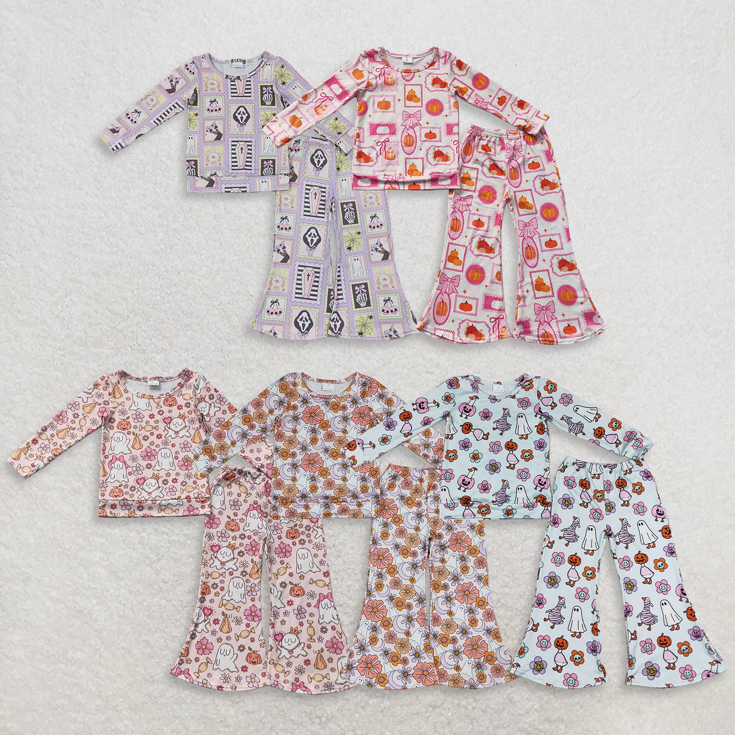 RTS NO MOQ Sibling milk silk Baby Girls Bow Pumpkin Checked Print Top Matching Flare Pants Two Piece Fall Clothes Set