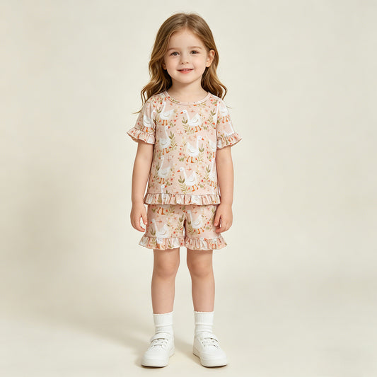 RTS NO MOQ GSSO3329 Baby Girls Cute  Flowers Goose Top Ruffle Shorts Pajamas Set