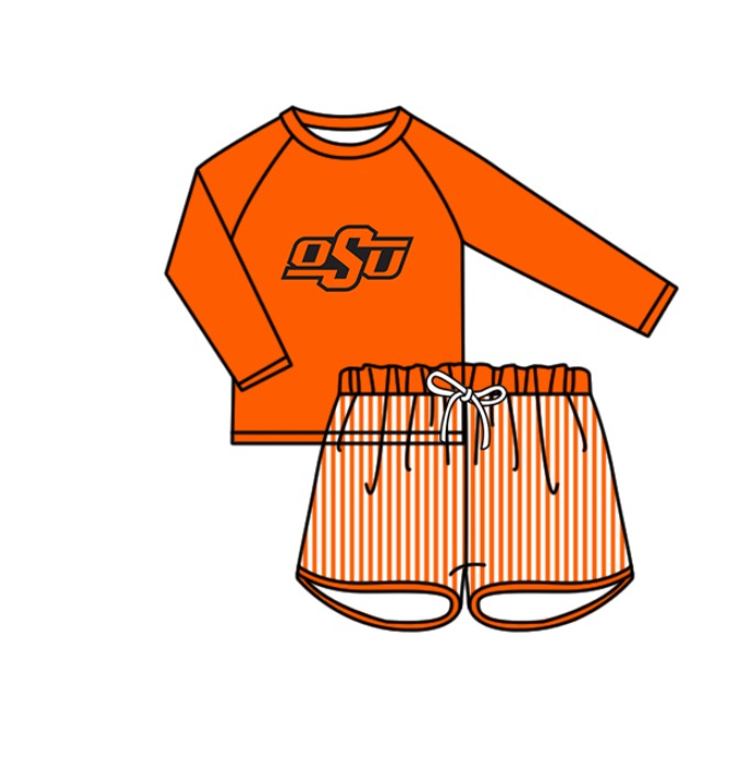 Custom moq 5 mix size milk silk summer teams baby girl boys clothes Orange Two-Piece Swimsuit Set One Piece Swimsuits boy swim trunks