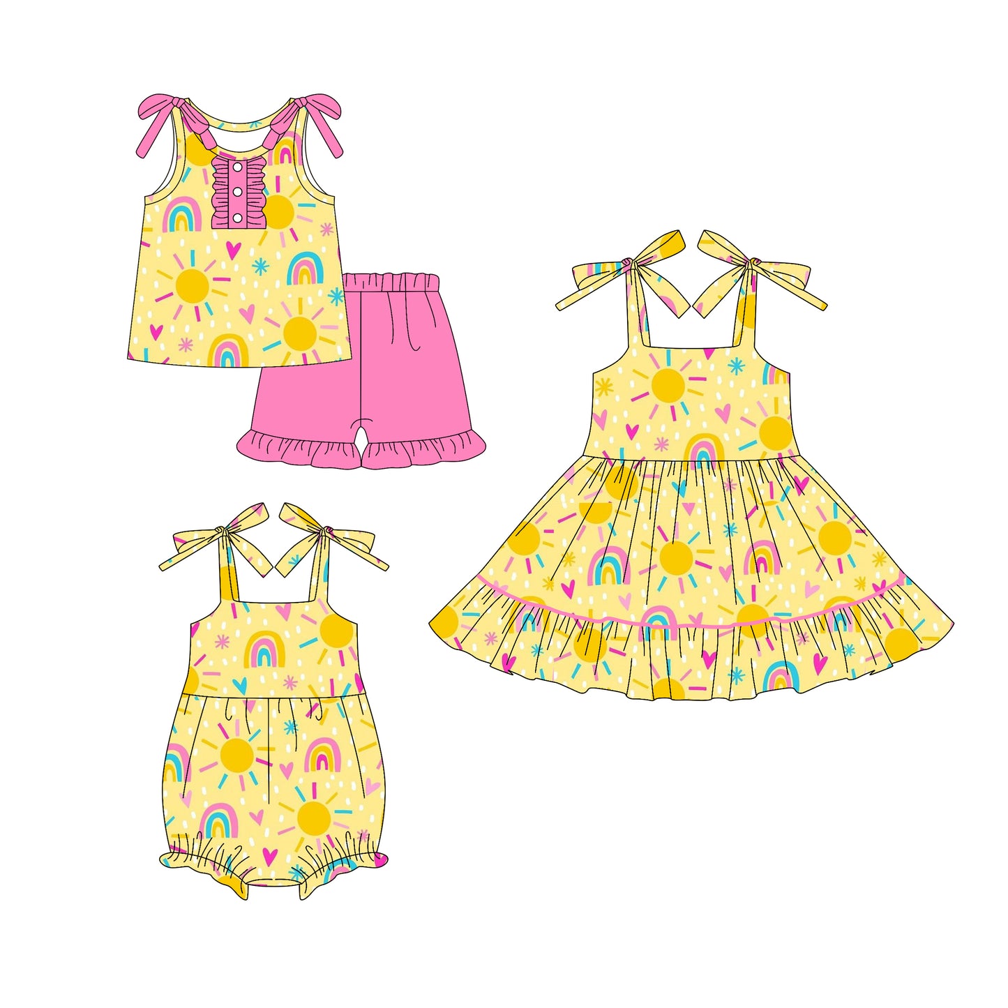 26.1.17 custom each style moq 5 eta 6-8week Sibling Sister rainbow baby short sleeve shorts sets and romper and dress match design