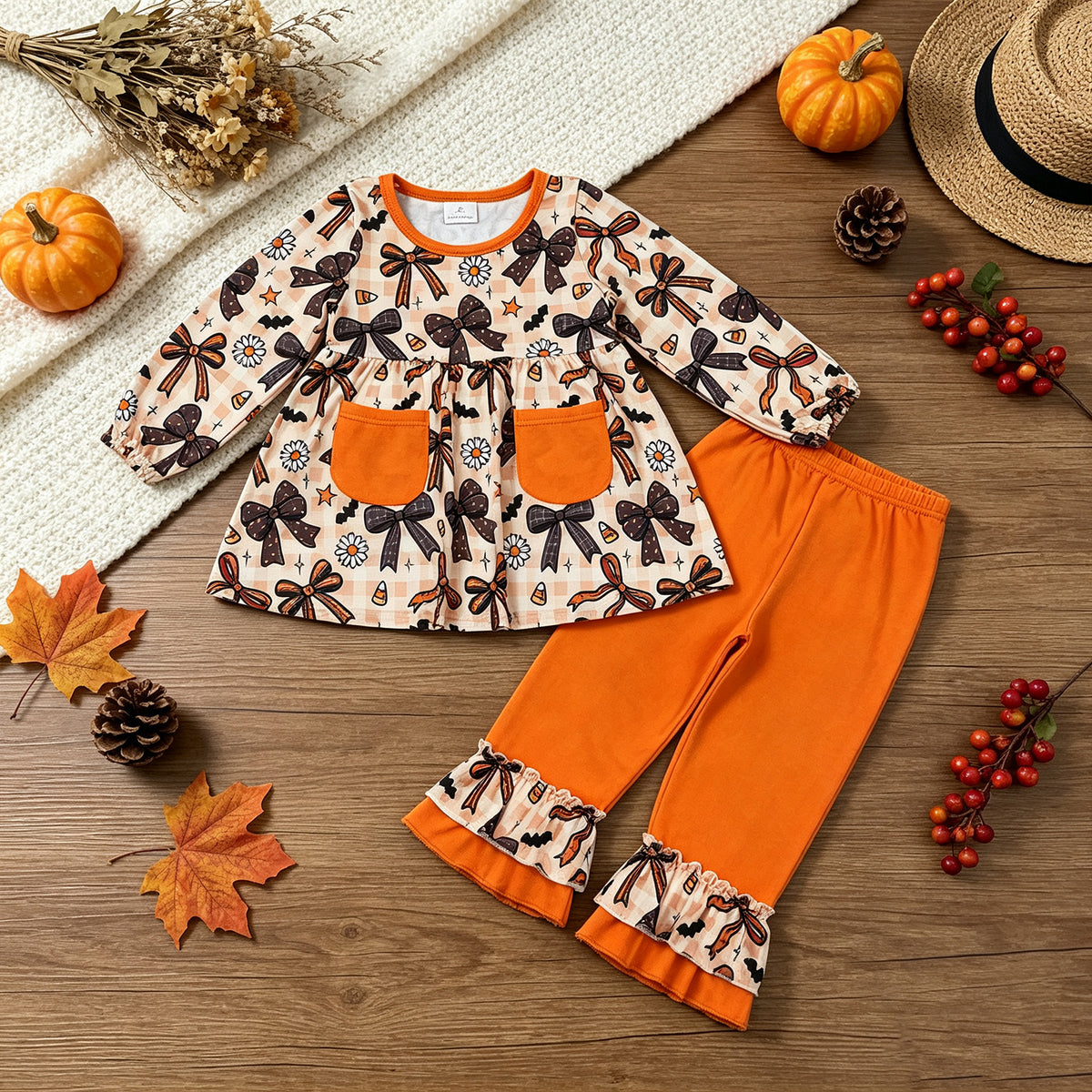 NEW RTS NO MOQ milk silk GLP3534 Baby Girls Halloween Bat Floral Print Pocket Tunic Top Ruffle Hem Pants Clothes Set