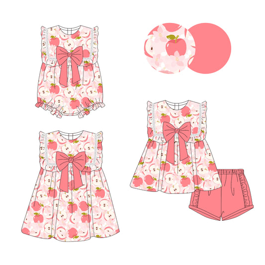3.29 custom each style moq 5eta 4-6week Sibling Sisters apple baby girl short sleeve shorts sets and dress and rompers match family design