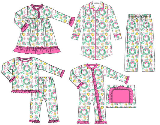 25.6.26 custom each style moq 5eta 4-6week Sibling Sisters Christmas bow baby girl long sleeve pants sets and adult top and adult pants and romper and dress match family design