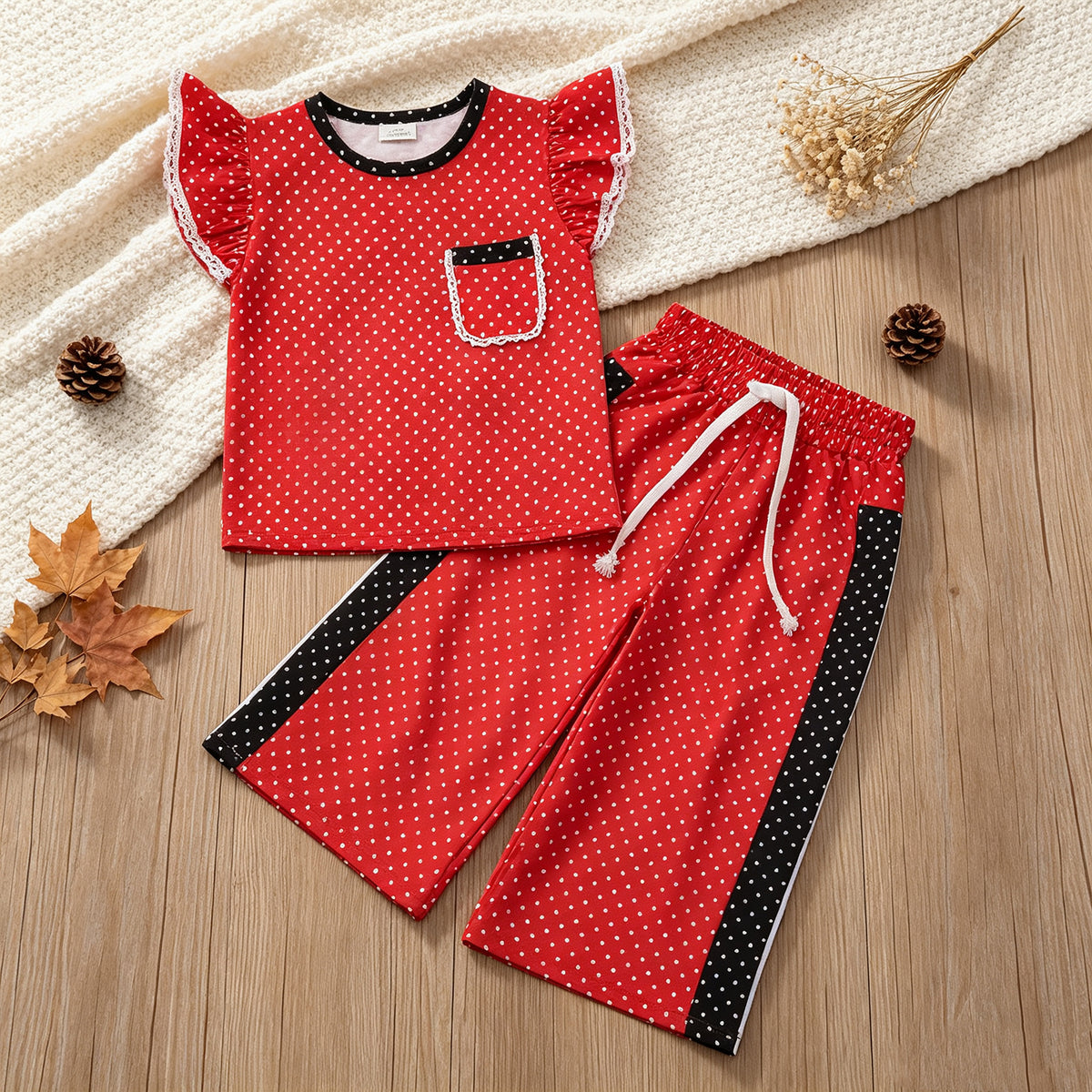 NEW RTS NO MOQ milk silk GSPO2370 Baby Girls Red Polka Dots Pocket Top Flare Pant Set Fall Casual Outfit