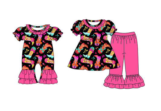 25.9.14 custom each style moq 5eta 6-8week Sibling Sisters boots bow baby girl clothes short sleeve pants sets and romper match family design