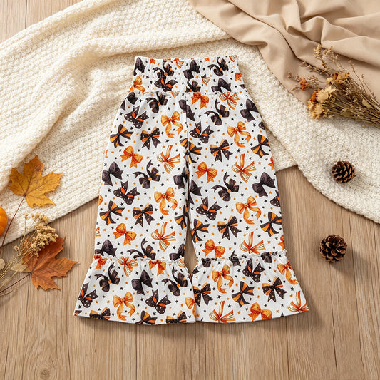 NEW RTS NO MOQ milk silk P1068 Baby Girls Black Orange Bows Stars Bell Bottom Pants Halloween Bottom