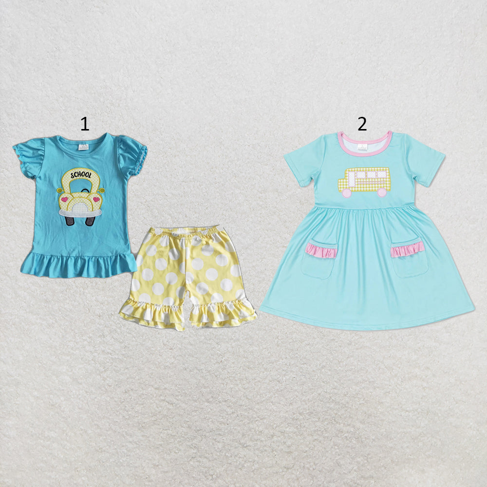 RTS NO MOQ Sibling milk silk Baby Girls Blue School Bus Print Short Sleeve Tee Elastic Waist Shorts Back To School Clothes Set Dresses(2T-14-16T）