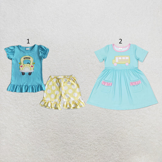 RTS NO MOQ Sibling milk silk Baby Girls Blue School Bus Print Short Sleeve Tee Elastic Waist Shorts Back To School Clothes Set Dresses(2T-14-16T）