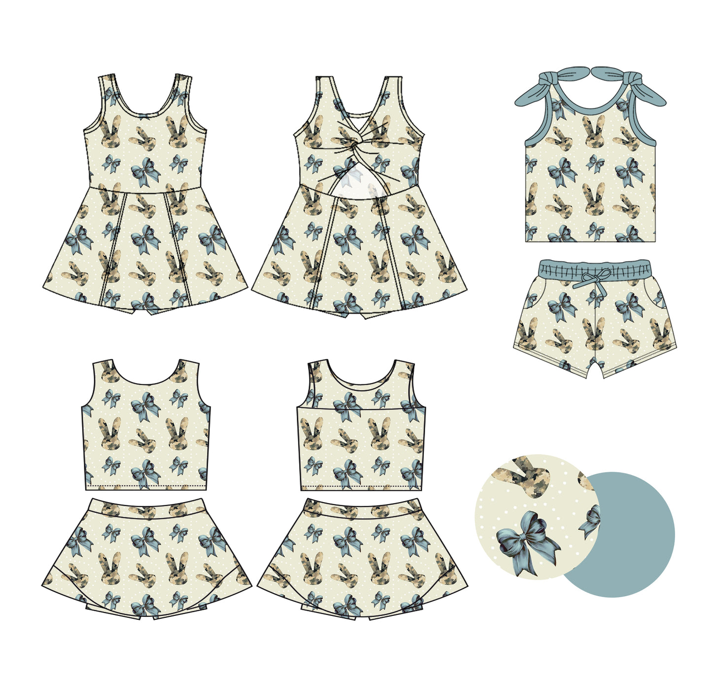 Custom moq 5 mix size Sibling Baby Girls Rabbit head print Easter Sleeveless Top And Shorts Set Sleeveless Top And Skirt Sets Dress Yoga Outfit