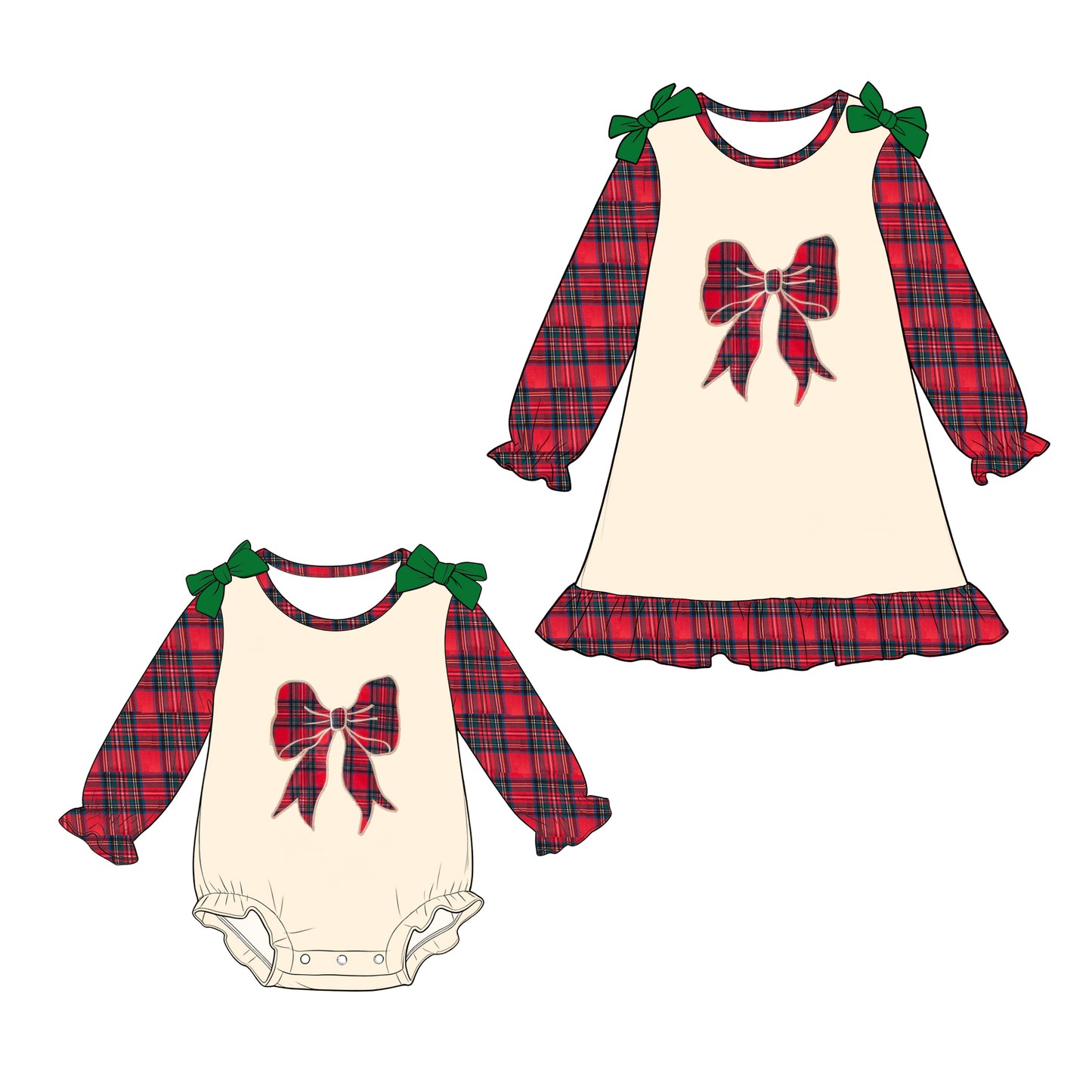 (Preorder new) No moq Baby Girls Red Plaid Bow Print Long Sleeve Romper Dress