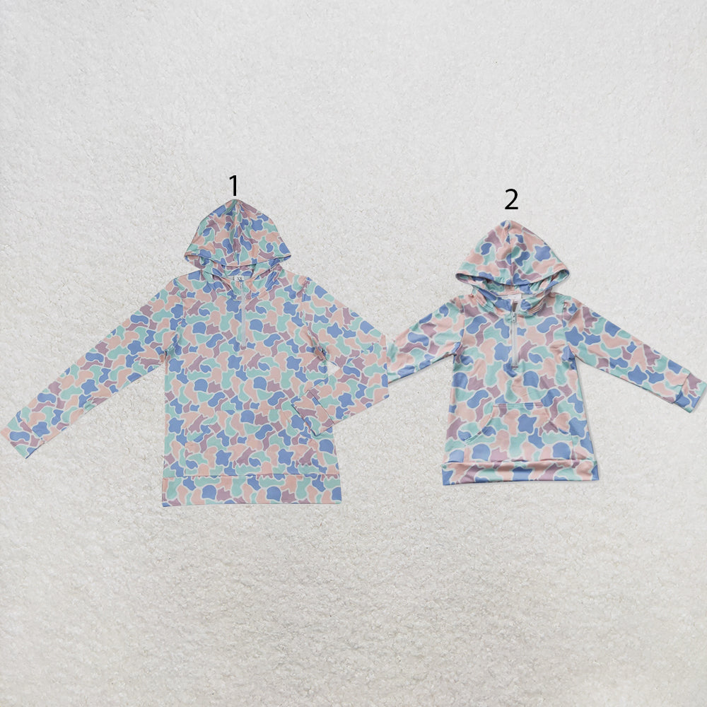 RTS NO MOQ milk silk Sibling Adult To Match Kids Long Sleeve Light Blue Camo Print Zip Pocket Hoodies Tops Casual Tops