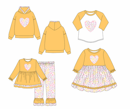 25.7.14 custom each style moq 5eta 4-6week Sibling Sisters floral orange baby girl long sleeve pants sets and dress and top 1 and top 2 match family design