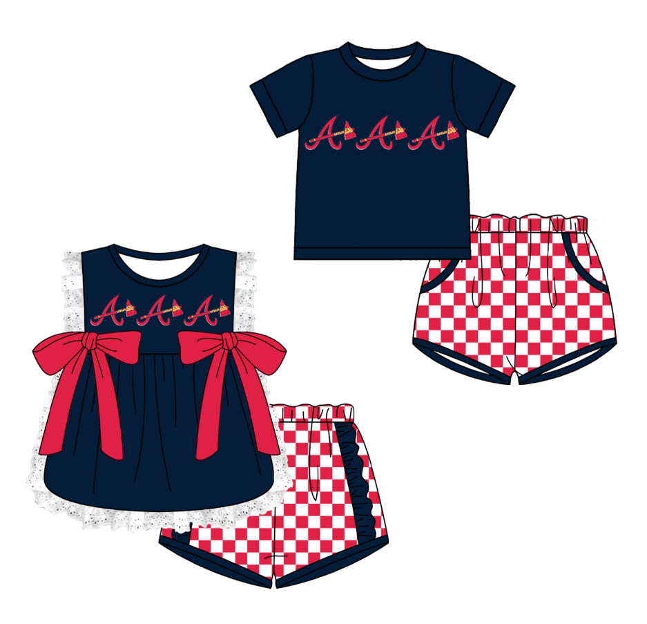 Custom moq 5 mix size milk silk summer teams  Girl Sleeveless Top And Plaid Shorts Set with Bow Boy Short Sleeved Top And Plaid Shorts Set