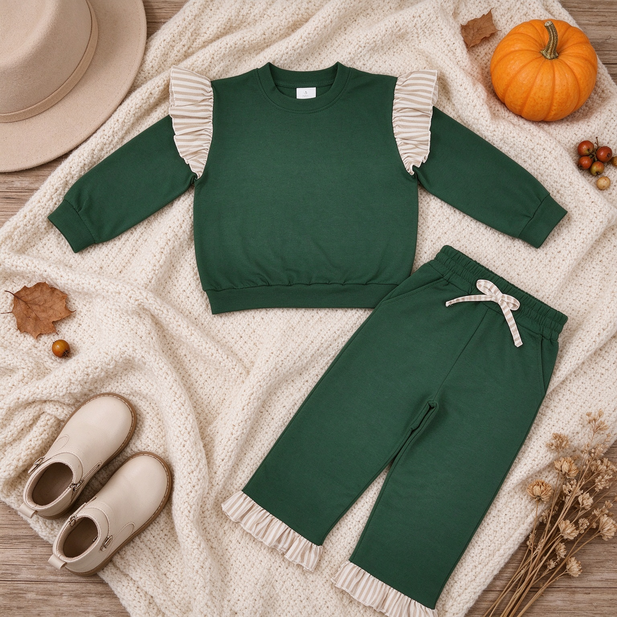NEW RTS NO MOQ cotton GLP3698（GT1845+P1154）Baby Girls Green Stripe Flutter Sleeve Top Pockets Ruffle Pant Set
