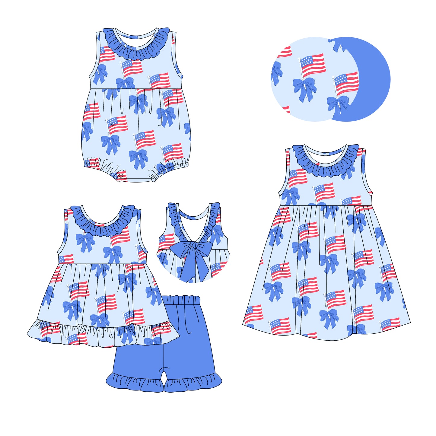 2.25 custom each style moq 5eta 4-6week Sibling Sisters flag bow baby girl short sleeve shorts sets and dress and rompers match family design