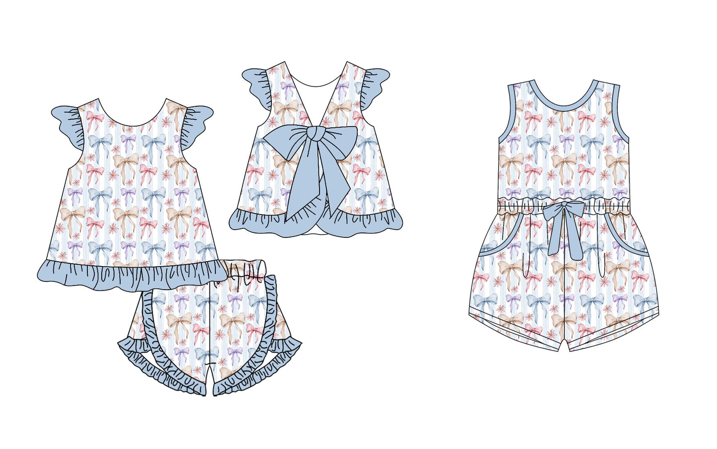 25.11.13 custom each style moq 5 eta 6-8week Sibling Sister bow baby short sleeve shorts sets and jumpsuit match design