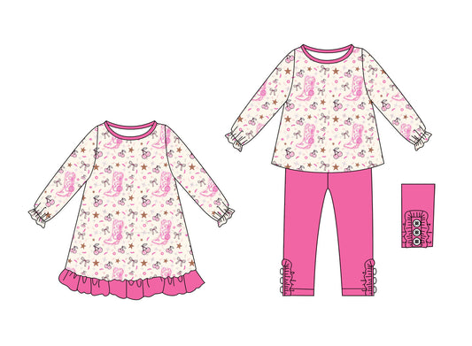25.9.9 custom each style moq 5eta 4-6week Sibling Sisters boots bow baby girl long sleeve pants sets and dress match family design