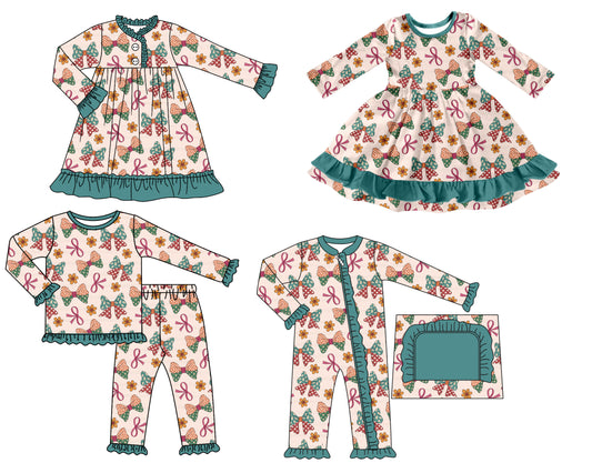 25.7.19 custom each style moq 5 eta 4-6week Sibling Sisters Christmas bow baby girl long sleeve pants sets and romper and dress 1 and dress 2 match family design