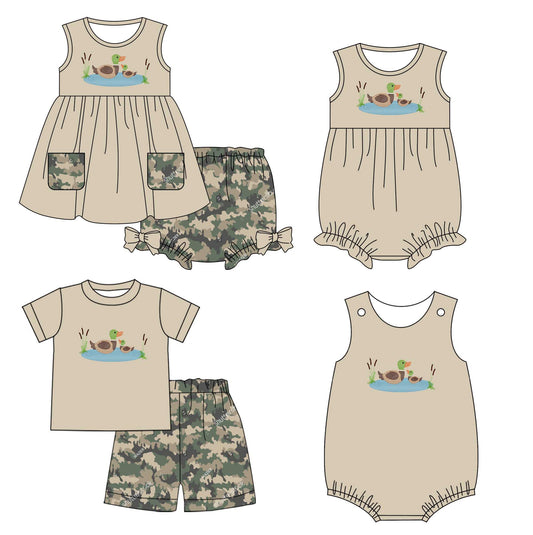 11.1 custom each style moq 5eta 4-6week Sibling Sister duck baby girl short sleeve shorts sets and briefs sets 2 and girls romper and boy romper match design