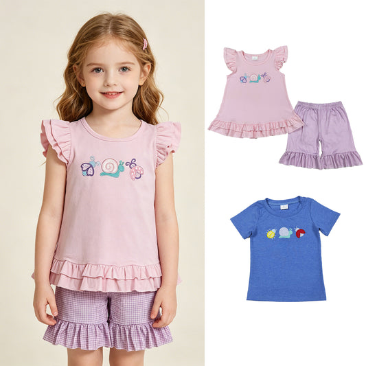 RTS NO MOQ Sibling Baby Girls Embroidery Bug Pattern Tunic and Ruffle Shorts Outfit Boys Short Sleeve Top
