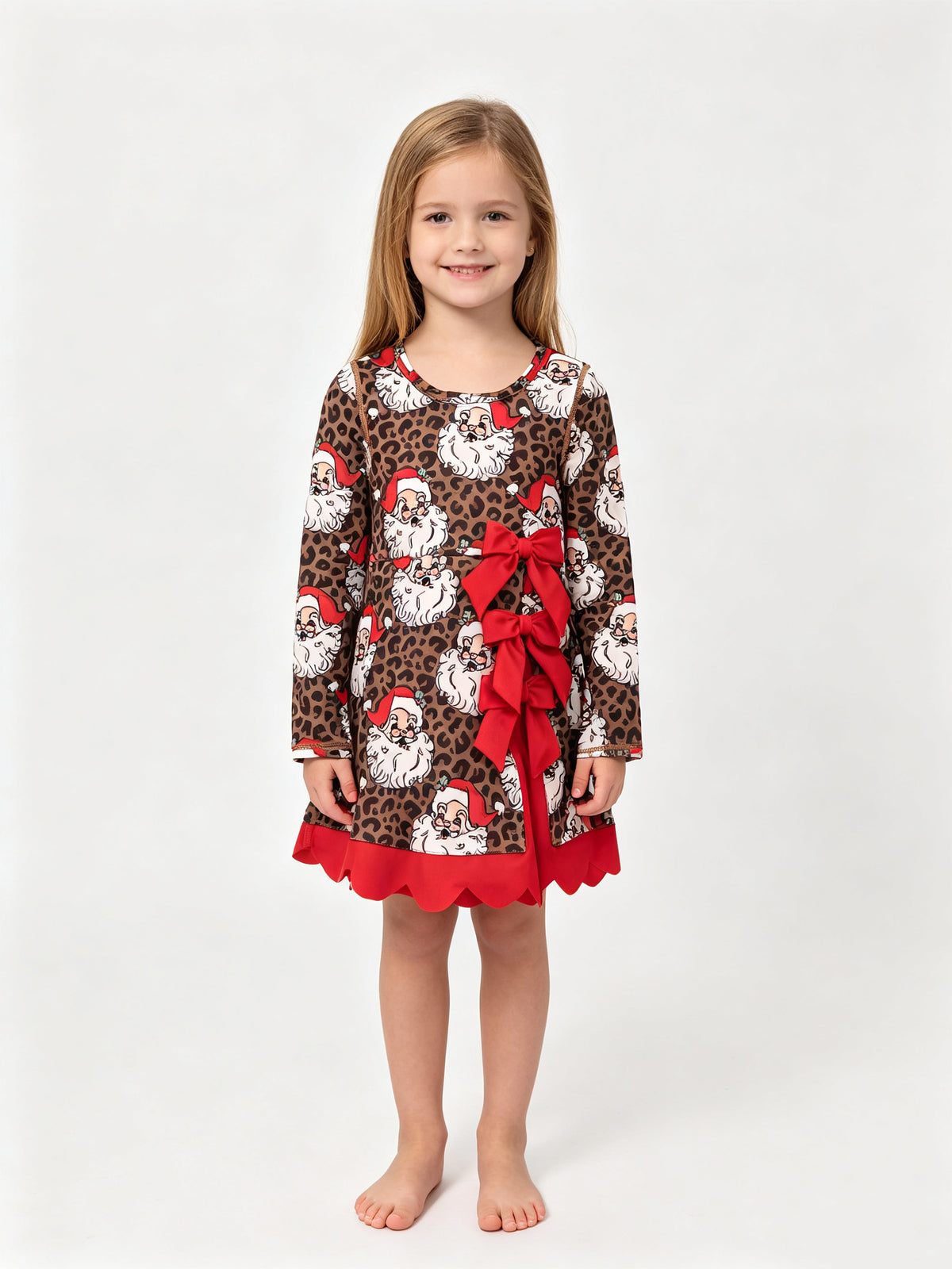 (Sample) No moq yoga fabric GLD1679 Baby Girls Leopard Santa Short Christmas Bows Scallop Yoga Active Knee Length Dress Christmas Holiday Dress