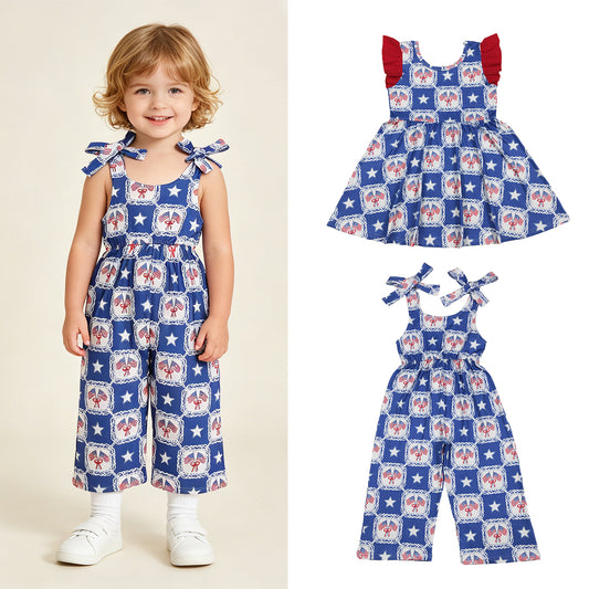 RTS NO MOQ Sibling milk silk Baby Girls 4th of July Bows Flags Stars Checked Dress Jumpsuits