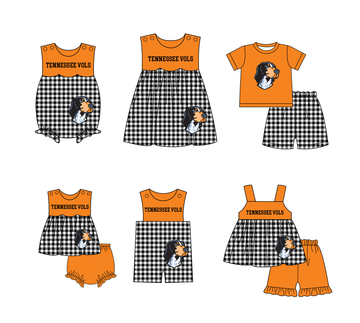 Custom moq 5 mix size milk silk summer teams baby girl boys clothes Orange Black and white checkered short sleeve shorts sets 3 and dress and rompers 2 series