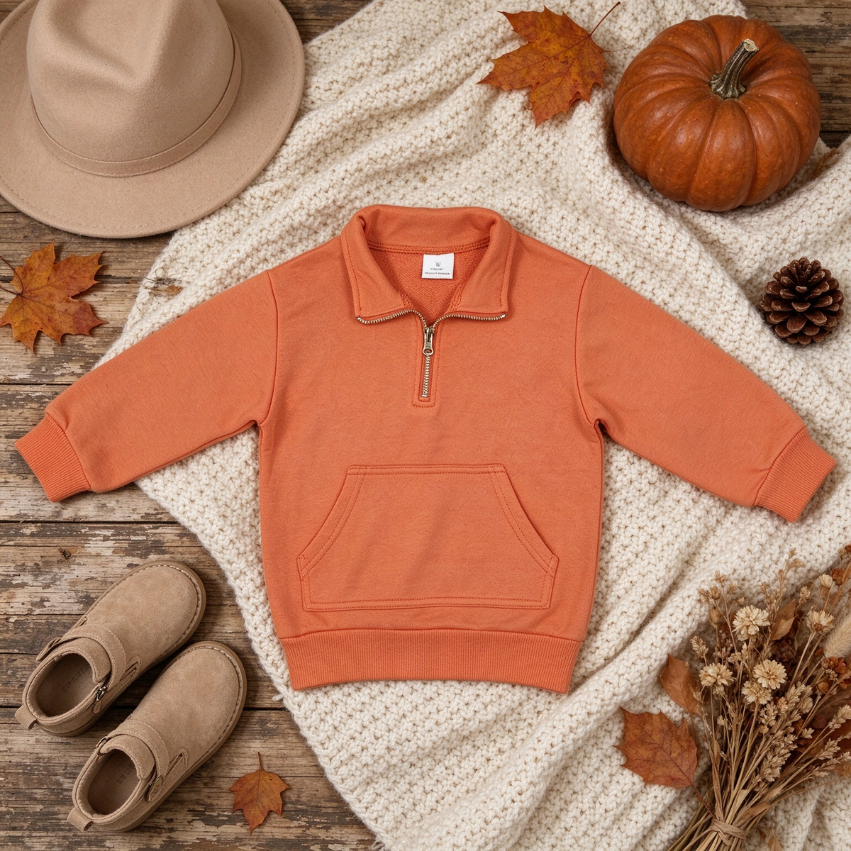 NEW RTS NO MOQ fleece GT1765 Baby Girls Zip Pocket Orange Long Sleeve Sweater Pullovers Top