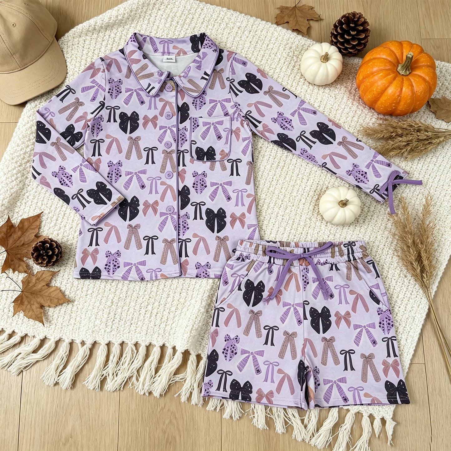 NEW RTS NO MOQ milk silk GLS0120 Adult Women Halloween Bow Print Button Front Pocket Top Shorts Pajama Set